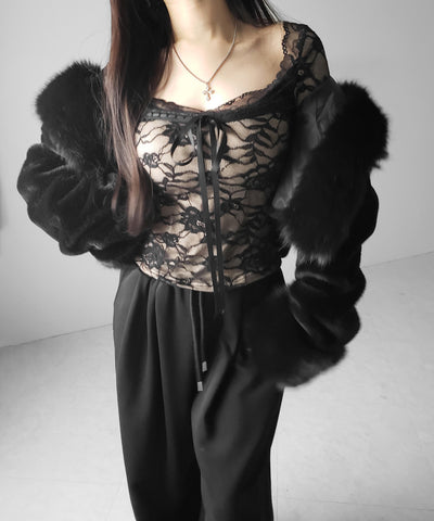 【 裏起毛 】フロントリボンレースレイヤードスクエアネックトップス ／ urakimo front ribbon lace layered square neck