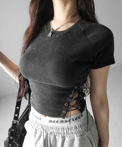 ヴィンテージサイドレースアップカットアウト半袖ショートTシャツ ／ vintage side lace up cutout short short sleeve T-shirts