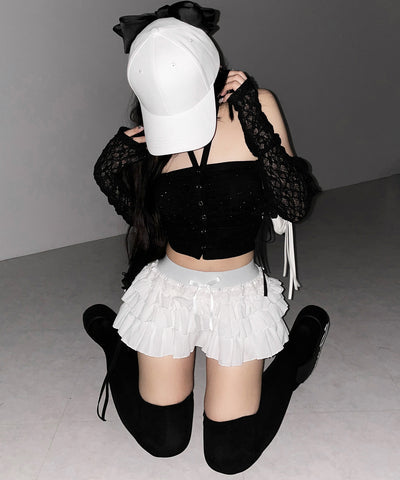 ラインストーンホルターネックスナップギャザーベアトップ ／ Rhinestone halter neck snap gathered bare top