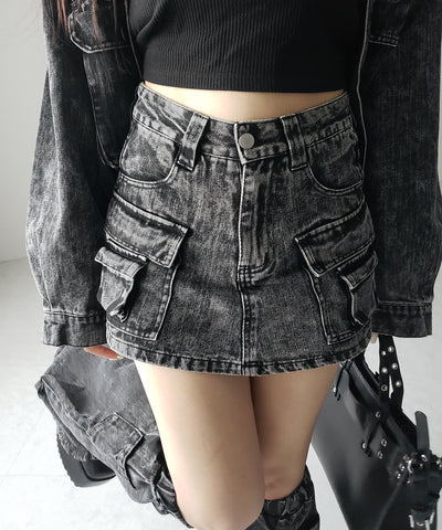 【 デニムセットアップ着用可能 】ヴィンテージケミカルブリーチカーゴデニムミニスカパン ／ vintage chemical bleach cargo denim mini skirt pants