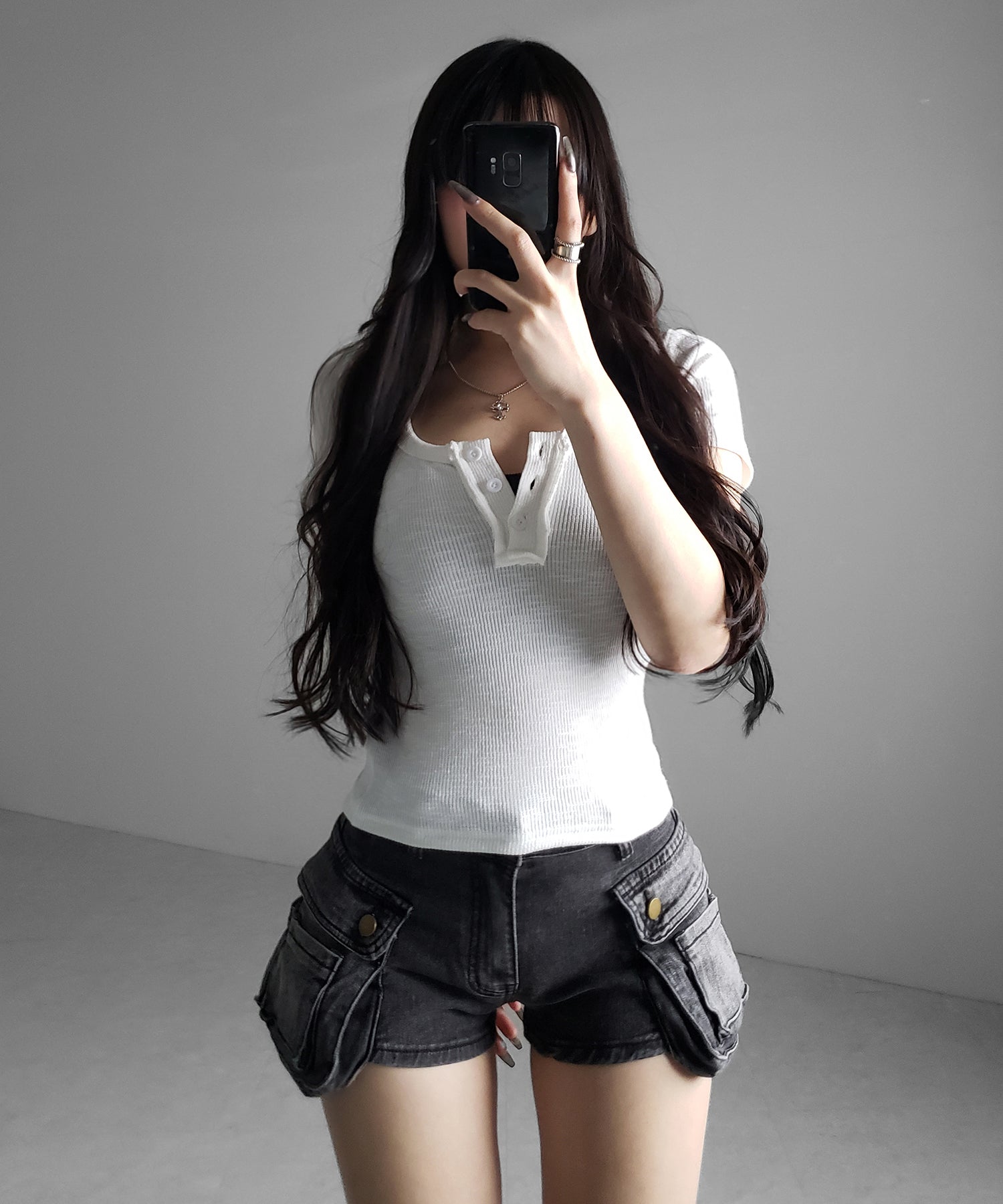 スクエアヘンリーネック半袖ピチＴシャツ ／square henley neck short sleeve pichi T-Shirt