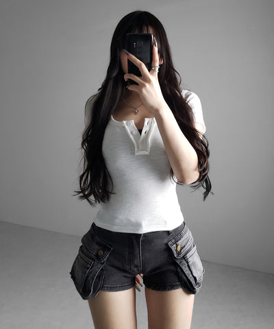 スクエアヘンリーネック半袖ピチＴシャツ ／square henley neck short sleeve pichi T-Shirt