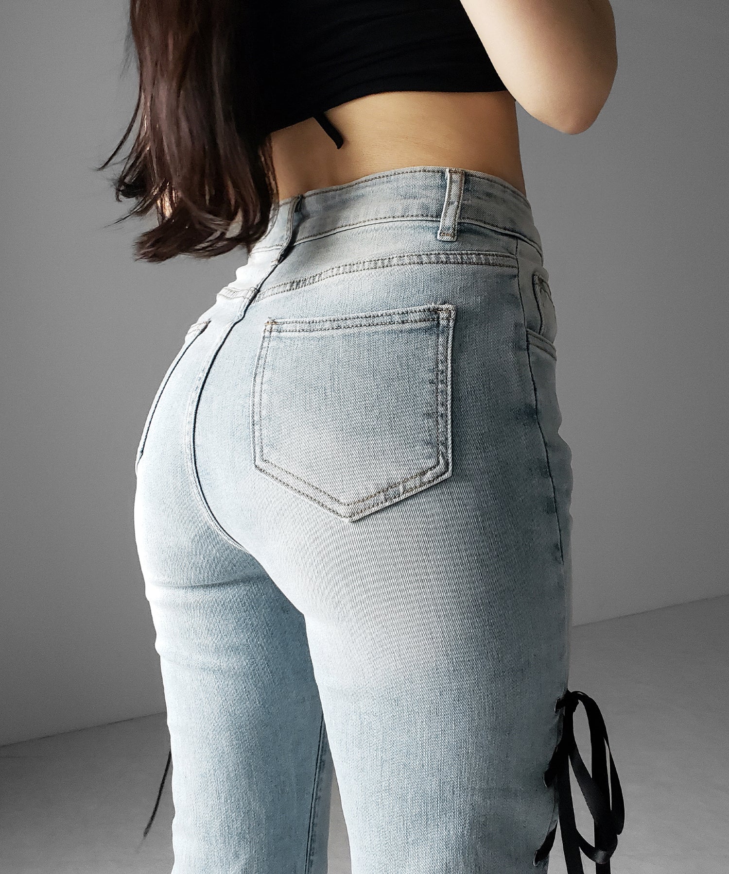 サテンリボンレースアップカットアウトストレッチフレアデニム ／ satin ribbon laceup cutout stretch flare denim