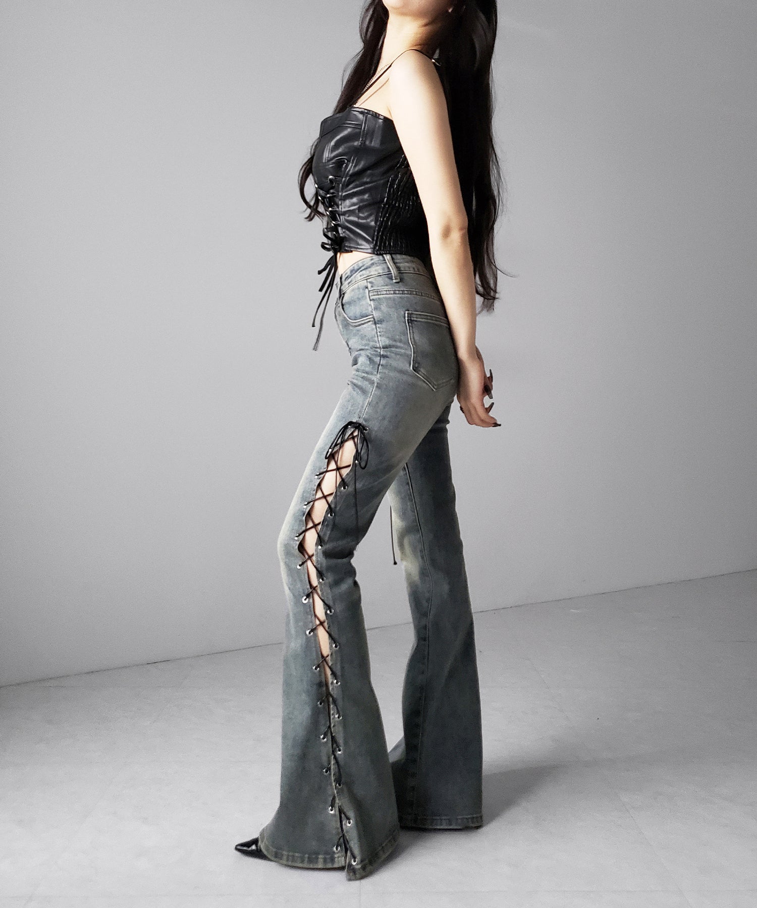 ダブルリボンレースアップフェイクレザーショートビスチェ ／ double ribbon laceup fake leather short bustier