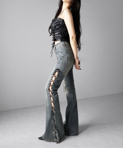 ダブルリボンレースアップフェイクレザーショートビスチェ ／ double ribbon laceup fake leather short bustier