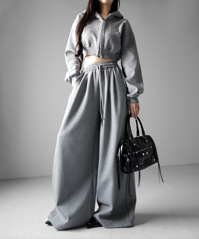 【 セットアップ 】ダブルジップショートパーカー ＋ タックワイドスウェットパンツ SET ／ double zip short hoodie + tuck wide sweat pants SET