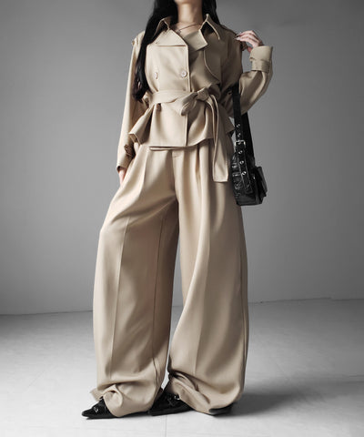 【 上下セットアップ 】ウエストマークショートトレンチコート ＋ タックワイドスラックスパンツ SETUP ／ Waist-mark short trench coat + tuck wide slacks pants