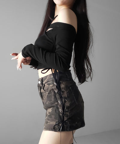 ヴィンテージカモフラレースアップデニムミニスカパン ／ vintage camouflage lace up denim mini skirt pants