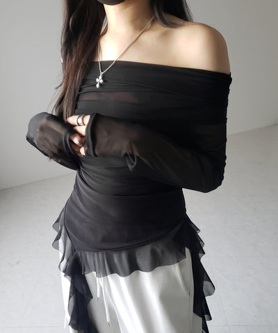 【 ２color 】アシンメトリーフリルオフショルシアートップス ／ asymmetrical frill off-shoulder sheer tops