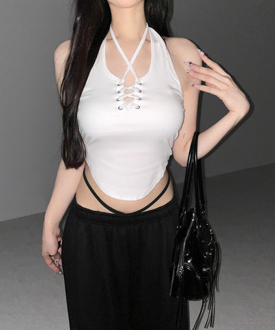 【 クロスにできる２WAY 】レースアップホルターネックタンク ／ laceup halter neck tank