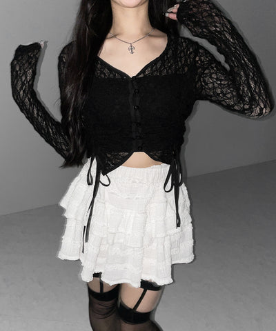 ダブルシャーリングショートレースカーディガン ／ double shirring short lace cardigan