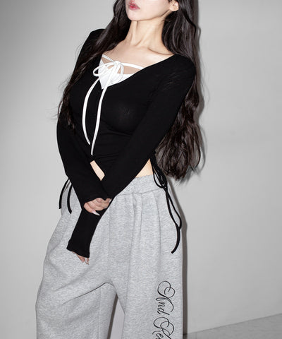 【 ３WAY 】レイヤード風シャーリングリボンリブトップス ／ fake layered shirring ribbon lib tops