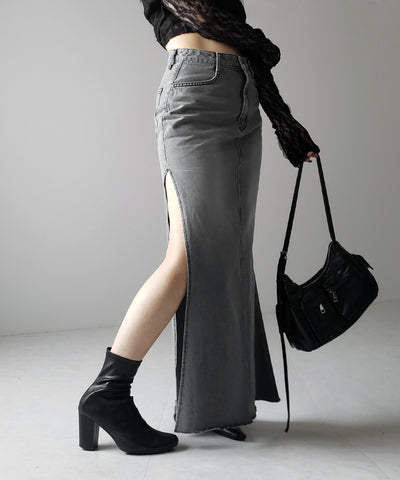 【 ３size 】深スリットダメージデニムロングマーメイドスカート ／ deep slit damage denim long mermaid skirt