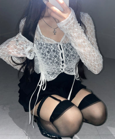 ダブルシャーリングショートレースカーディガン ／ double shirring short lace cardigan