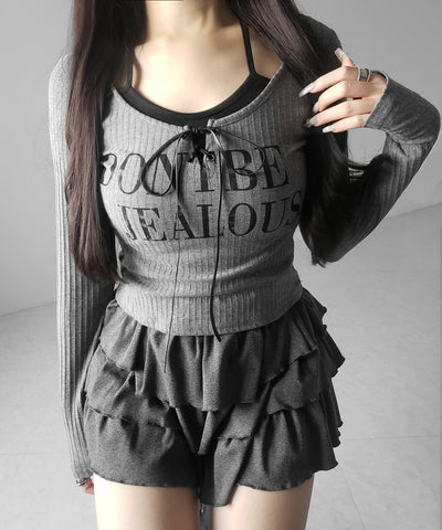 【 クロスネックにできる２WAY 】レースアップフェイクレイヤードロゴカットソートップス ／ laceup fake layered logo cutsew tops