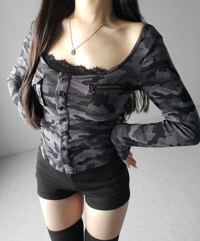 カモフラアウトポケットスクエアネック長袖スリムTシャツ ／ 　camouflage out pocket square neck long sleeve slim T-shirt