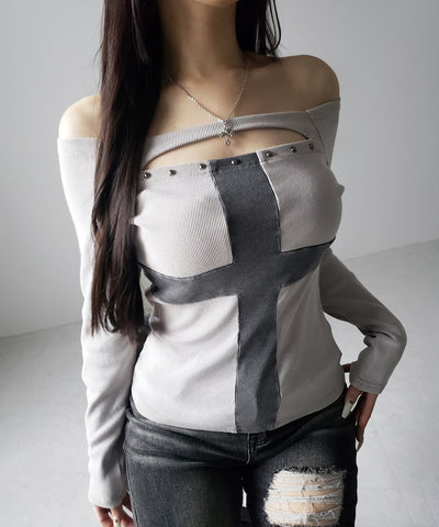 十字架ヴィンテージクロスオフショルスリムリブトップス ／ vintage cross offshoulder slim lib tops