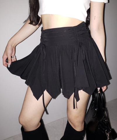 【 ２color ／ ２size 】シャーリングダブルリボンアシンメトリーフリルミニスカート ／ shirrin double ribbon asymmetry frill mini skirt