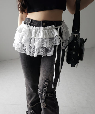 【 ２color 】ストラップリボンレースフリルミニ巻きスカート ／ strap ribbon lace frill mini wrap skirt