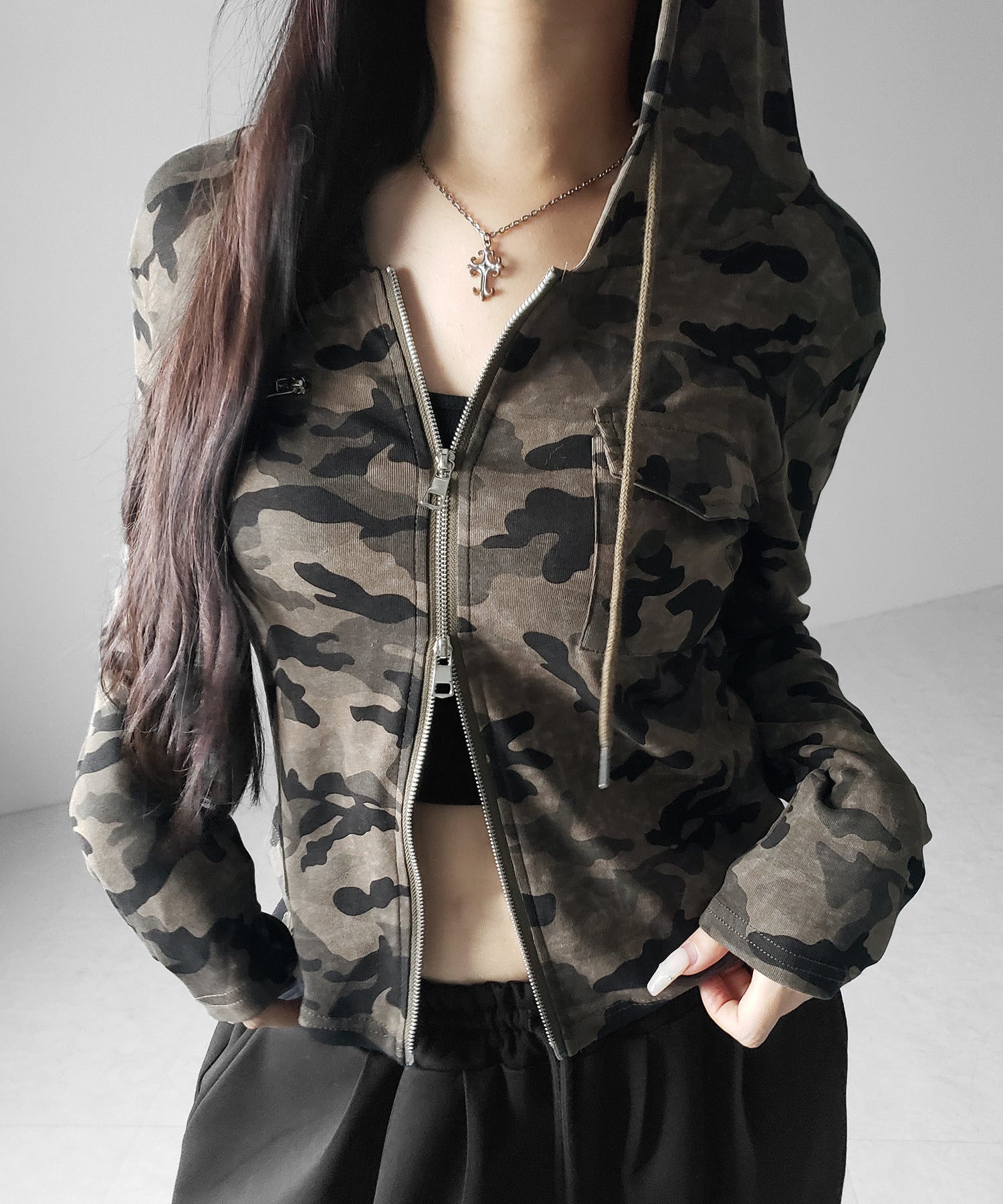 ヴィンテージカモフラダブルジップカットパーカー ／ vintage camouflage double zip cut hoodie