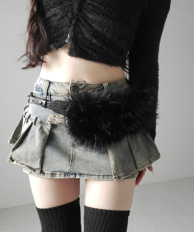 【 インパン裏地付 】ベルテッドマイクロプリーツデニムミニスカパン ／ belted micro pleats denim skirt pants