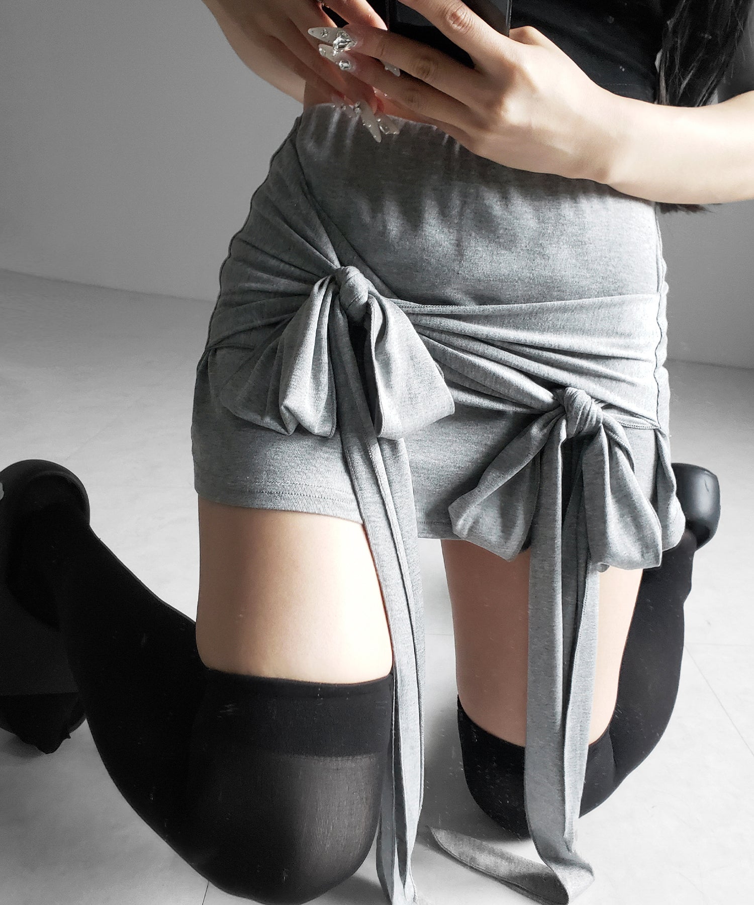 ダブルレイヤードリボンドレープミニスカパン ／ double layered ribbon draped mini skirt pants