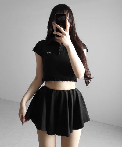【 セットアップ 】ロゴプレート半袖トップス＋フレアミニスカパン SET ／( SETUP ) logo plate short sleeve tops + flared mini skirt pants