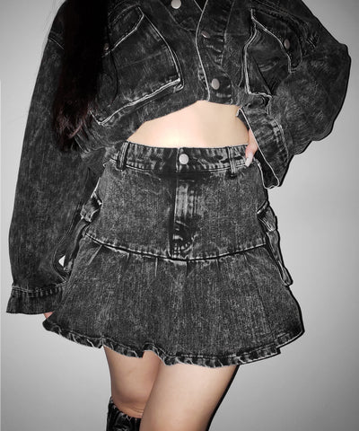 【 セットアップ着用可能 】ヴィンテージケミカルブリーチプリーツデニムミニスカート ／ vintage bleached pleated denim mini skirt