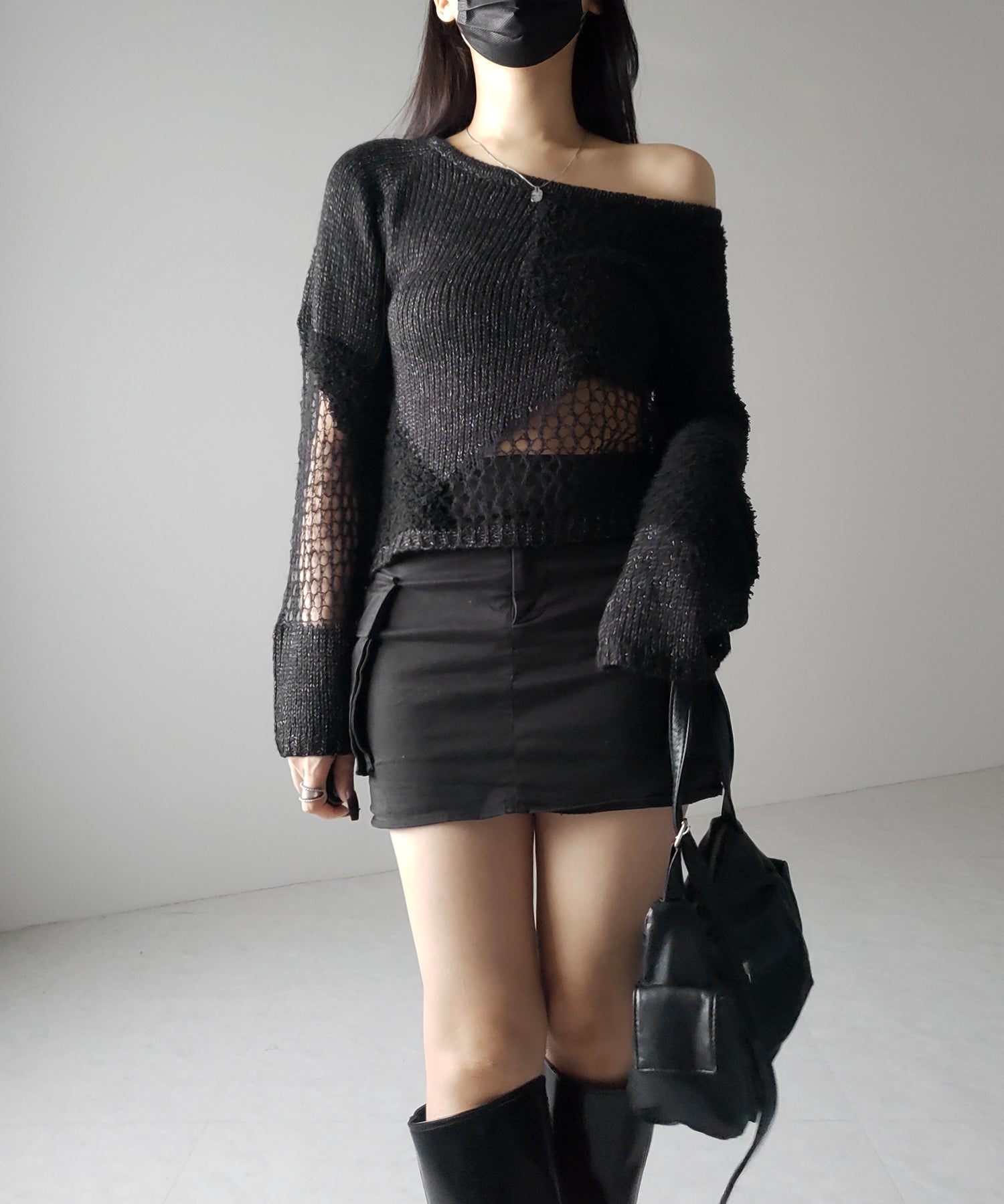 【 ２color 】異素材ドッキングスカシアミニットトップス ／ mixed material docking openwork knit tops
