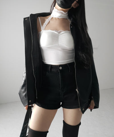 【 ２color ／ カップ付 】レースチョーカーストラップリブキャミソール ／ lace choker strap lib camisole