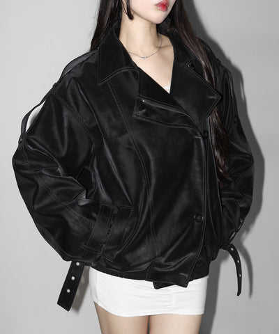 ヴィンテージフェイクレザーベルテッドジップアップオーバーブルゾン ／ Vintage fake leather belted zipup over blouson