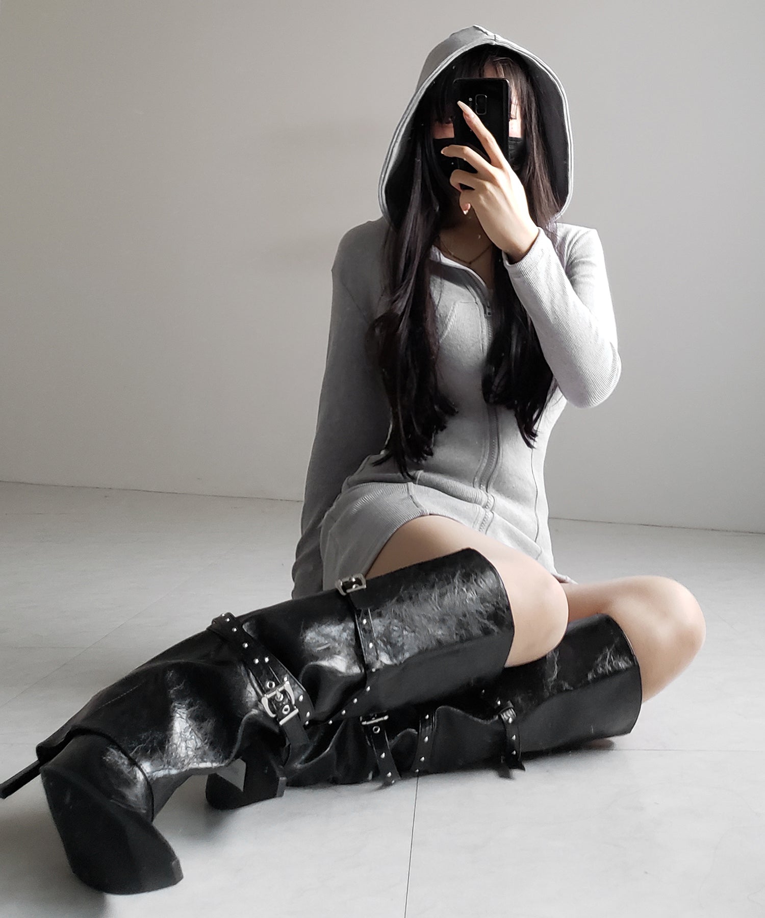 ヴィンテージレザーベルテッドロングカバーブーツ ／vintage leather belted long cover boots