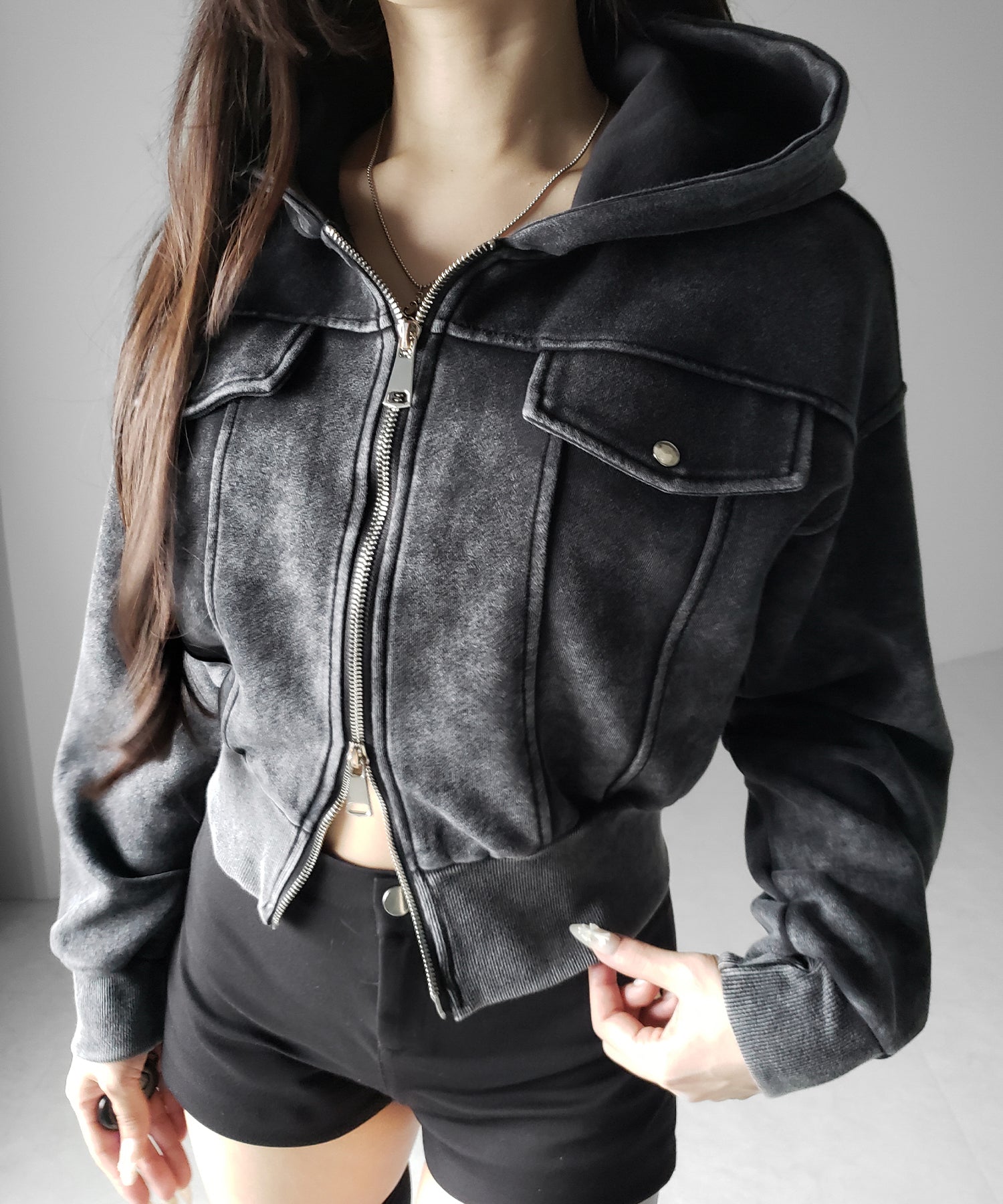ピグメントダブルジップショートパーカー ／ pigment double zip short