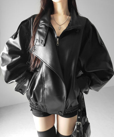 ヴィンテージフェイクレザースタンドカラージップアップブルゾン ／ 2WAY vintage fake leather stand collar zipup blouson