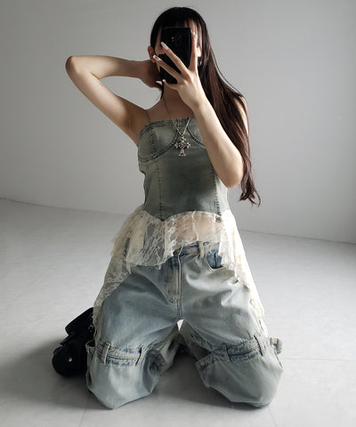 【 ２color 】ヴィンテージライクレースフリルデニムビスチェ ／ vintage like lace frill denim bustier