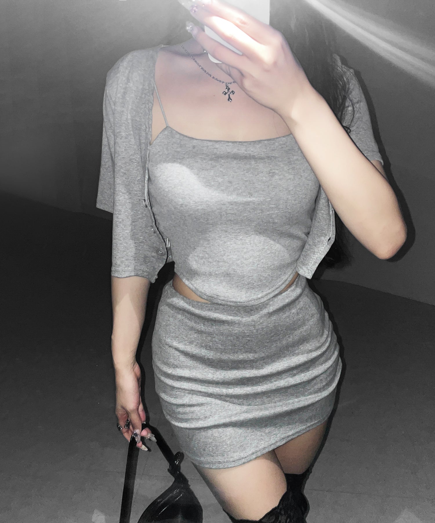キャミ＋カーディガン＋ ミニスカート ３点セット ／ ( wanghong SETUP ) camisole + cardigan + mini skirt 3-piece set