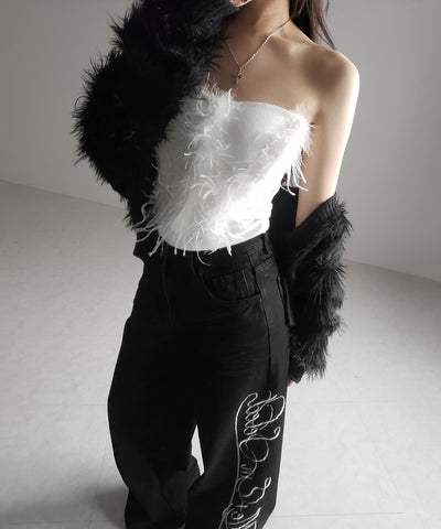 フェザーファードッキングビスチェベアトップ ／ feather fur docking bustier bare tops