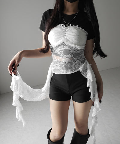 【 ２color 】アシンメトリーフリルレースベアトップス ／ asymmetry frill lace bare tops
