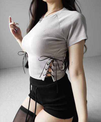 ヴィンテージサイドレースアップカットアウト半袖ショートTシャツ ／ vintage side lace up cutout short short sleeve T-shirts