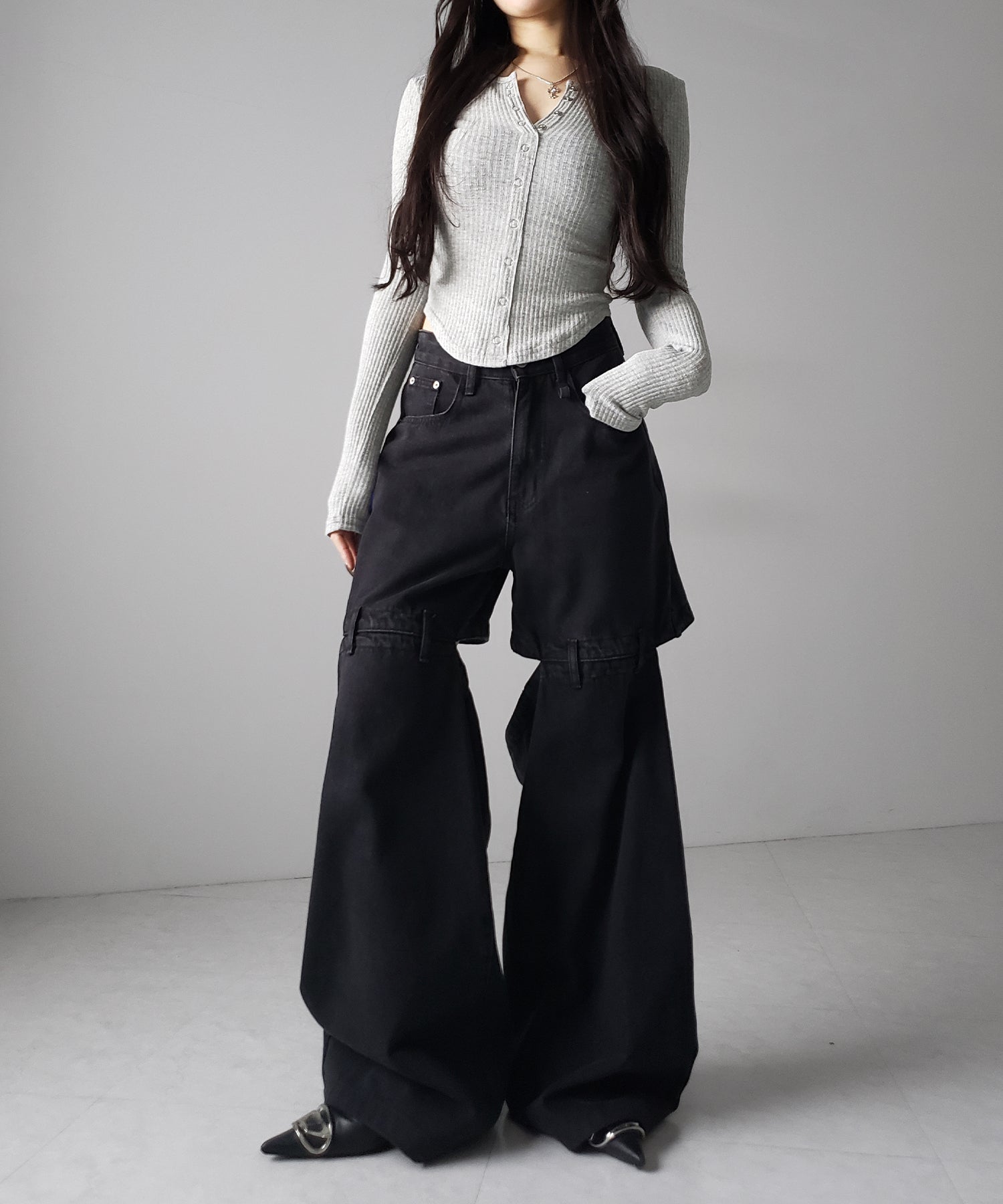 スナップボタンタイトリブカットソートップス ／ snap button tight ribbed cutsew tops
