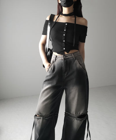 【 ４size ／ ２color 】カットアウトストラップヴィンテージルーズデニム ／ cutout strap vintage loose denim