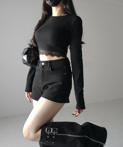 【 裏起毛 】裾レースドッキングショートＴシャツ ／ hem lace docking short Tee