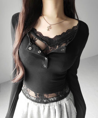 【 人気アイテムの長袖verが新登場！ 】レースレイヤードヘンリーネックスクエア長袖Ｔシャツ ／ lace layered henley neck square long sleeve T-shirt