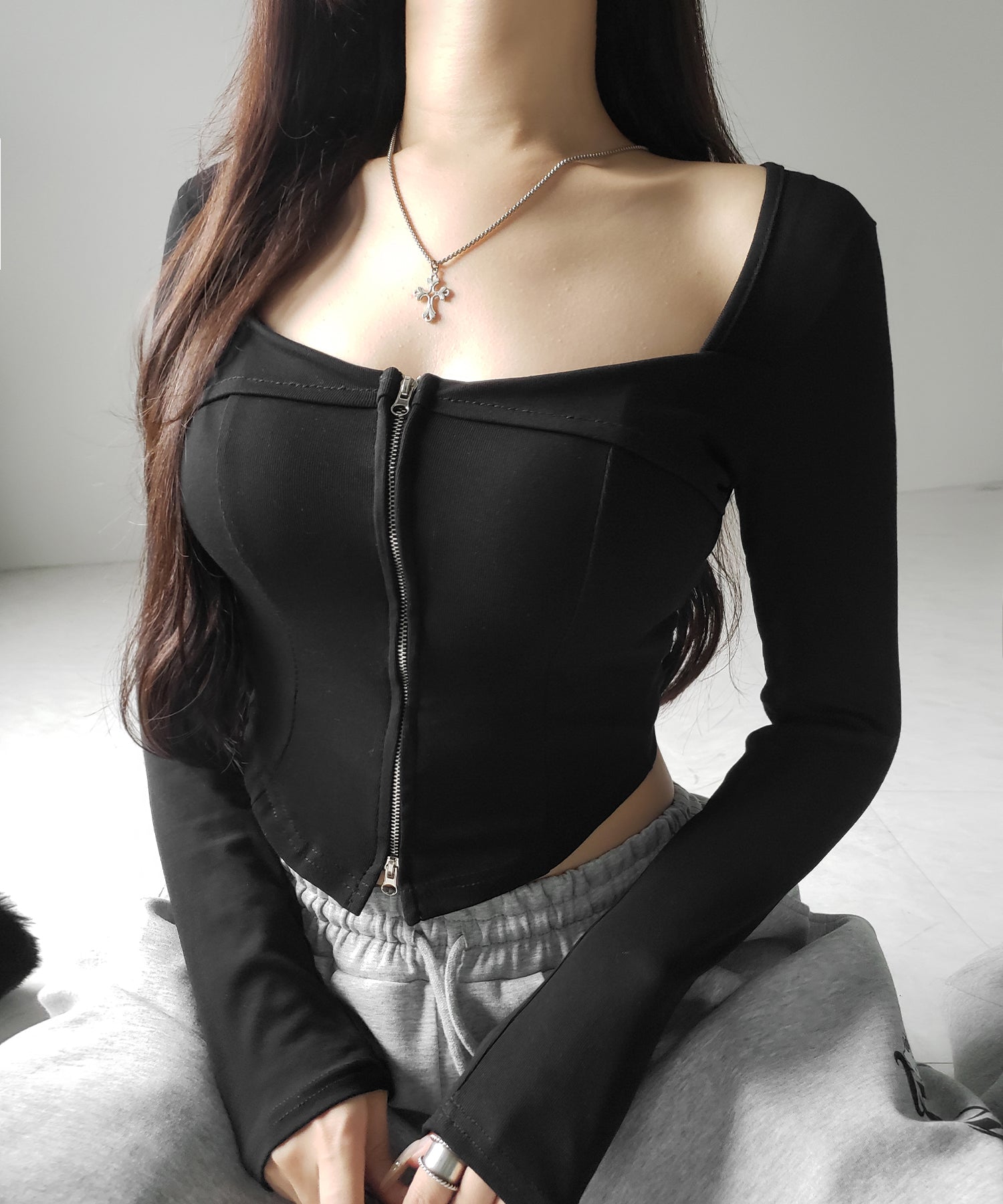 【 ２color 】ダブルジップコルセットスクエアネックロンＴ ／ double zip corset square neck longsleeve T-Shirt