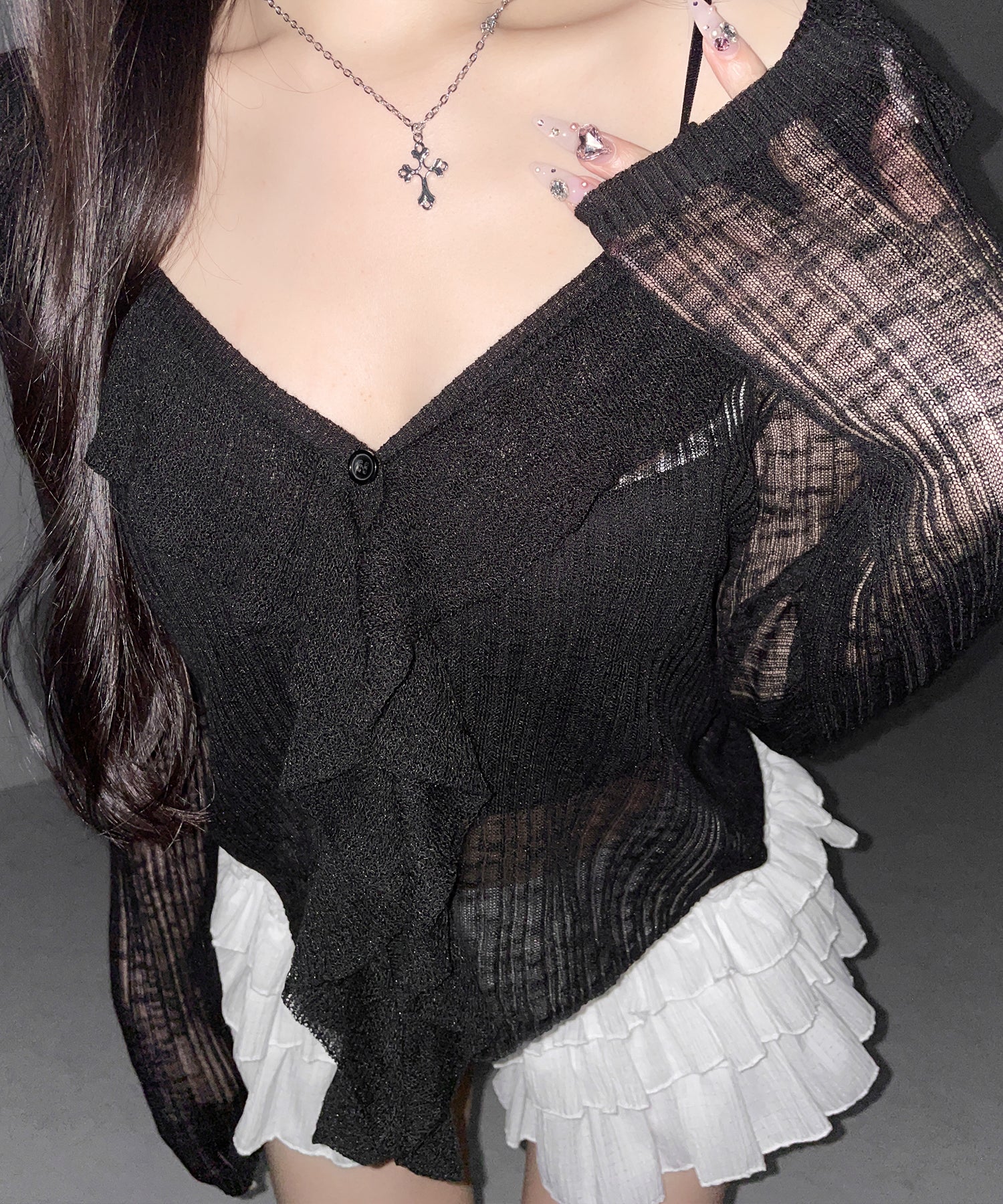 フリルシアールーズニットカーディガン ／ frill sheer loose knit cardigan