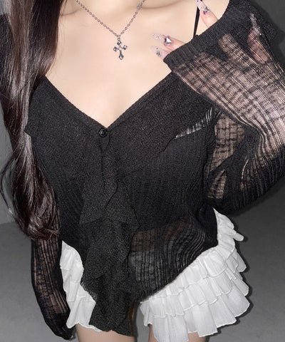 フリルシアールーズニットカーディガン ／ frill sheer loose knit cardigan