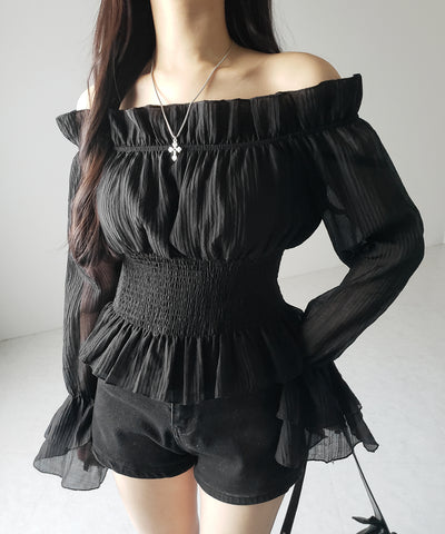 【 ２color ／ ２WAY 】ウエストシャーリングシアーフリルオフショルブラウス ／ waist shirring sheer frill off shoulder blouse