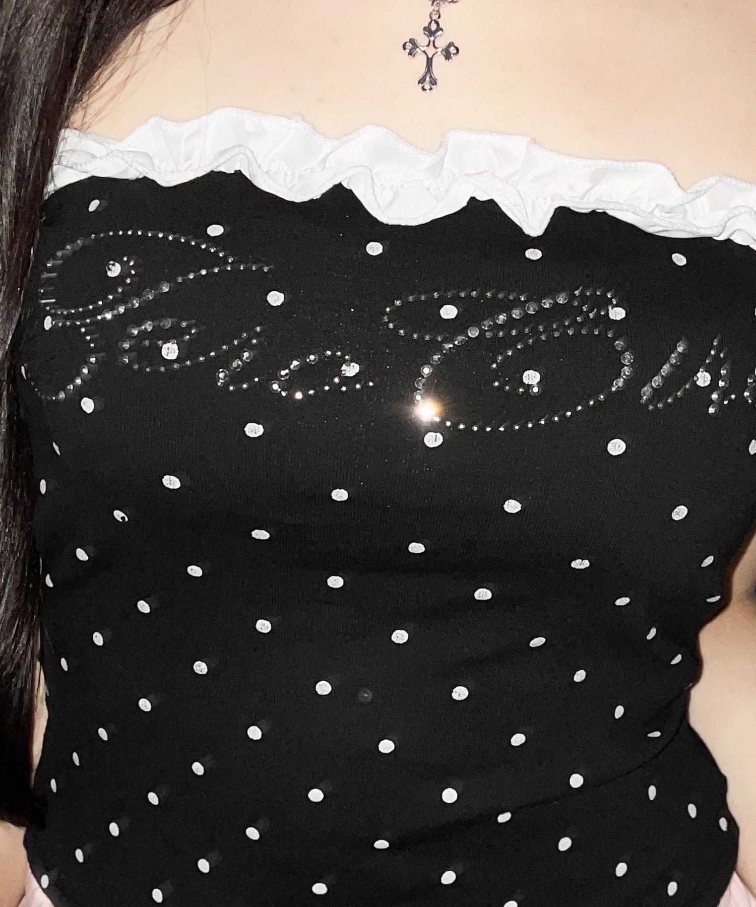 ラインストーンドットフリルベアトップス ／ Rhinestone dot frill bare tops