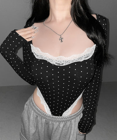 ドットカットアウトレースポイントボディスーツトップス ／dot cutout lace point bodysuit tops
