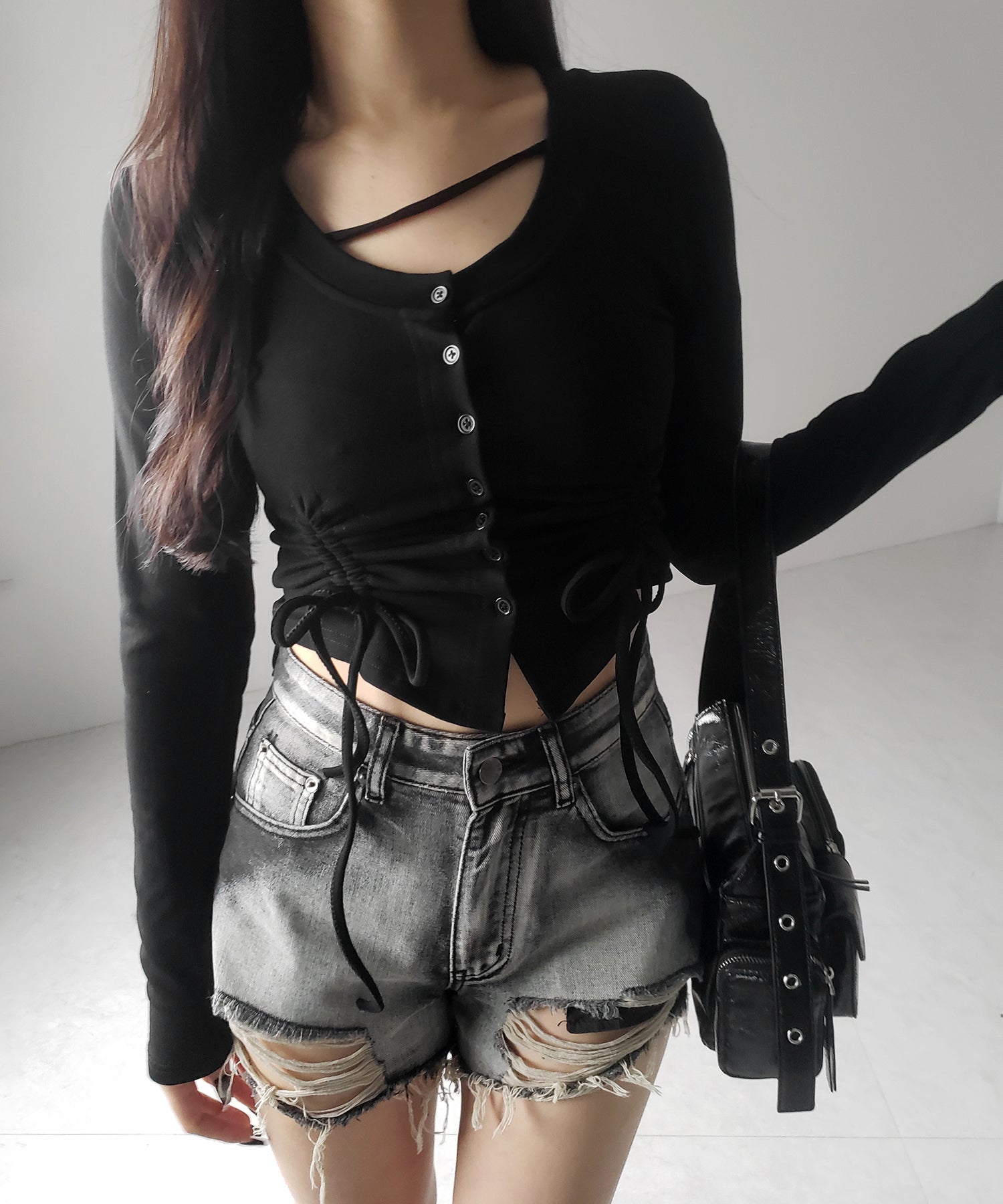 【 ２color ／ 裏起毛 】ナナメストラップダブルシャーリングリボントップス ／ naname strap double shirring ribbon tops